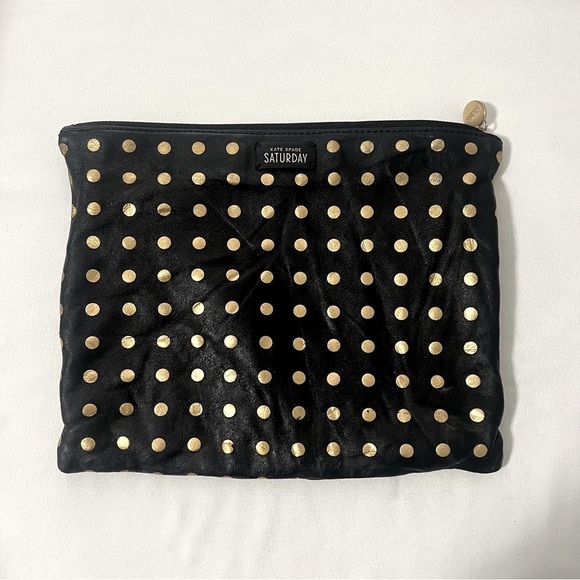 Kate Spade Saturday Black Clutch Gold Dot Stud Toiletry Travel Cosmetic Bag - Picture 1 of 7